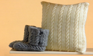 Cream Colored Cable Pillow and Grey Cable Knit Booties