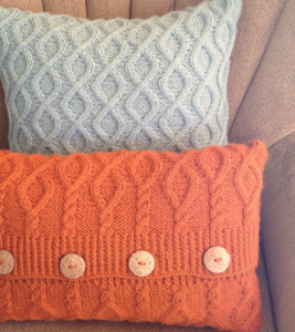 Sand and burnt orange original cable pillow covers with wood buttons