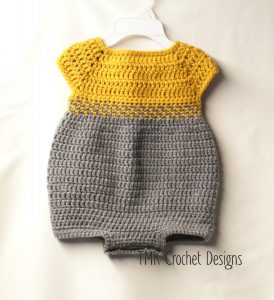 Simple short-sleeve grey and mustard crochet romper for girls, with buttons between legs for easy diaper change