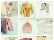 9 retro baby knitted garments : mustard hooded sweater with pompom, prune textured cardigan with wood buttons, white cardigan, cream coat with pockets and wood buttons, striped gray and cream legging, fairisle pink and wheat beanie with peach pompom, fushia and white striped playsuit, peach onesie with stripes and drawstring and mint romper with drawstring, pompoms, textured stripes and wood buttons between leg openings for easy diaper change