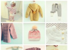 9 retro baby knitted garments : mustard hooded sweater with pompom, prune textured cardigan with wood buttons, white cardigan, cream coat with pockets and wood buttons, striped gray and cream legging, fairisle pink and wheat beanie with peach pompom, fushia and white striped playsuit, peach onesie with stripes and drawstring and mint romper with drawstring, pompoms, textured stripes and wood buttons between leg openings for easy diaper change