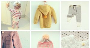 9 retro baby knitted garments : mustard hooded sweater with pompom, prune textured cardigan with wood buttons, white cardigan, cream coat with pockets and wood buttons, striped gray and cream legging, fairisle pink and wheat beanie with peach pompom, fushia and white striped playsuit, peach onesie with stripes and drawstring and mint romper with drawstring, pompoms, textured stripes and wood buttons between leg openings for easy diaper change