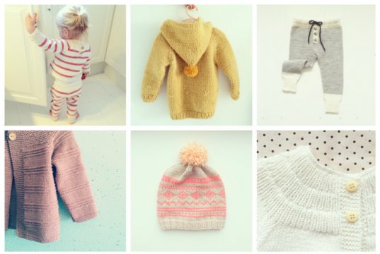 9 retro baby knitted garments : mustard hooded sweater with pompom, prune textured cardigan with wood buttons, white cardigan, cream coat with pockets and wood buttons, striped gray and cream legging, fairisle pink and wheat beanie with peach pompom, fushia and white striped playsuit, peach onesie with stripes and drawstring and mint romper with drawstring, pompoms, textured stripes and wood buttons between leg openings for easy diaper change