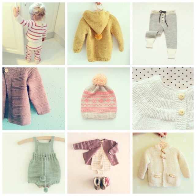 9 retro baby knitted garments : mustard hooded sweater with pompom, prune textured cardigan with wood buttons, white cardigan, cream coat with pockets and wood buttons, striped gray and cream legging, fairisle pink and wheat beanie with peach pompom, fushia and white striped playsuit, peach onesie with stripes and drawstring and mint romper with drawstring, pompoms, textured stripes and wood buttons between leg openings for easy diaper change